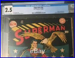 1942 DC Superman #14 Cgc 2.5 Classic Shield Eagle Patriotic Cover Golden Age Ww2