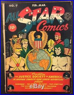 ALL STAR COMICS #9 DC Golden Age JUSTICE SOCIETY AMERICA 10 Cent 1942 HAWKMAN