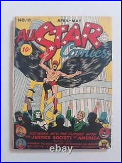 All Star Comics 10 Rare 1943, Iconic Hawkman, Flash, Green Lantern, Wonder Woman