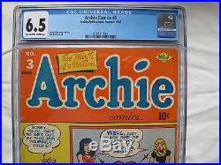 Archie Comics #3 Cgc 6.5 1943 Scarce Key Issue Golden Age Comic
