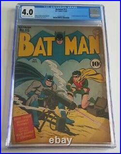 Batman #15 CGC 4.0 DC Comics 1943 Classic Golden Age Machine Gun Cover VG