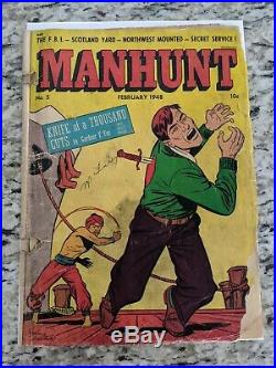 Manhunt! #1 #5 #9 classic cover, rare, CGC ready. Golden age lot