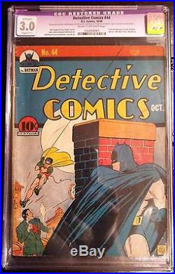 Rare 1940 Golden Age Detective Comics #44 Cgc 3.0 Batman Purple Restored Label