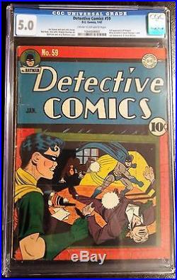 Rare 1942 Golden Age Detective Comics #59 Cgc 5.0 Unrestored Batman Classic Cvr