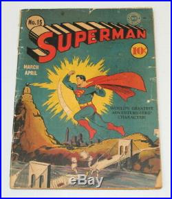 SUPERMAN # 15 1940 WWII Era Golden Age Low Grade 10¢ Comic Ungraded Hard to Find