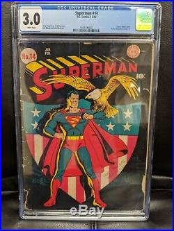 Superman 14 CGC 3.0 with WHITE PAGES! Golden age Classic cover! Clean blue label