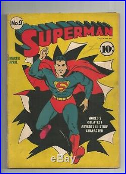 Superman #9 GOLDEN AGE BEAUTY! Classic Cover, restored/repaired 4.0 VG, 1941 DC
